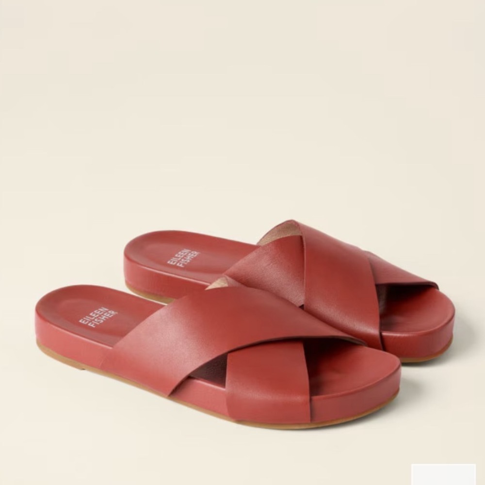 Eileen Fisher Bond Crossover Leather Sandals Red Terracotta Slides Womens 10